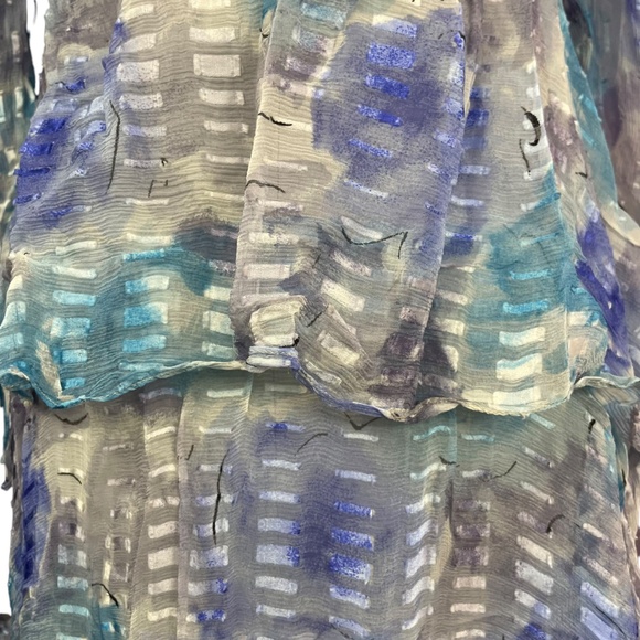 100% Silk Layered Dress S Vintage Long Sleeve Rosette Flowy V-Neck Blue Gray - Picture 5 of 11